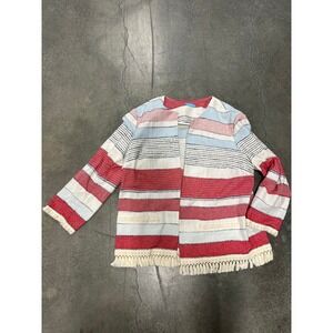 J.McLaughlin Women Large Striped Open Front Fringe Hem Textured Knit Jacket Red
